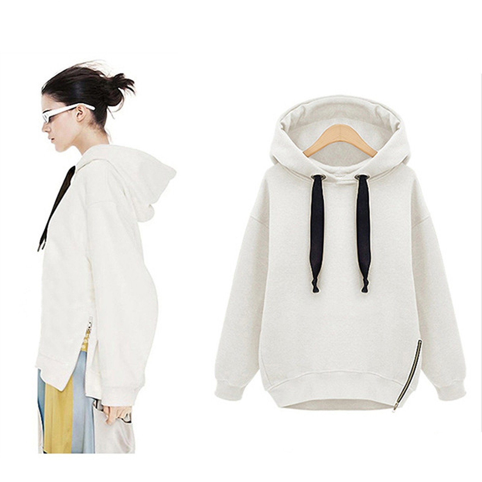 40# Winter Warm Hoodies Women's Hooded Long Sleeve Solid Plush Soild Color Hooded Sweatshirt Medium Length Tops Свитшот Женский