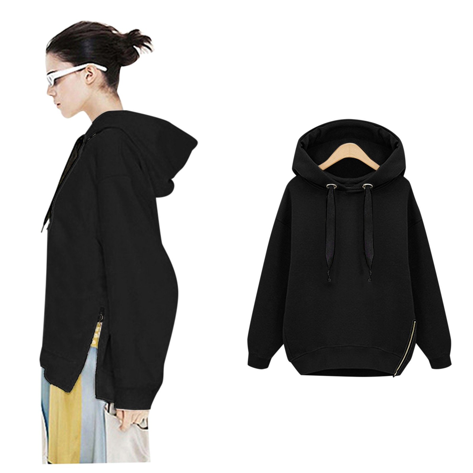 40# Winter Warm Hoodies Women's Hooded Long Sleeve Solid Plush Soild Color Hooded Sweatshirt Medium Length Tops Свитшот Женский