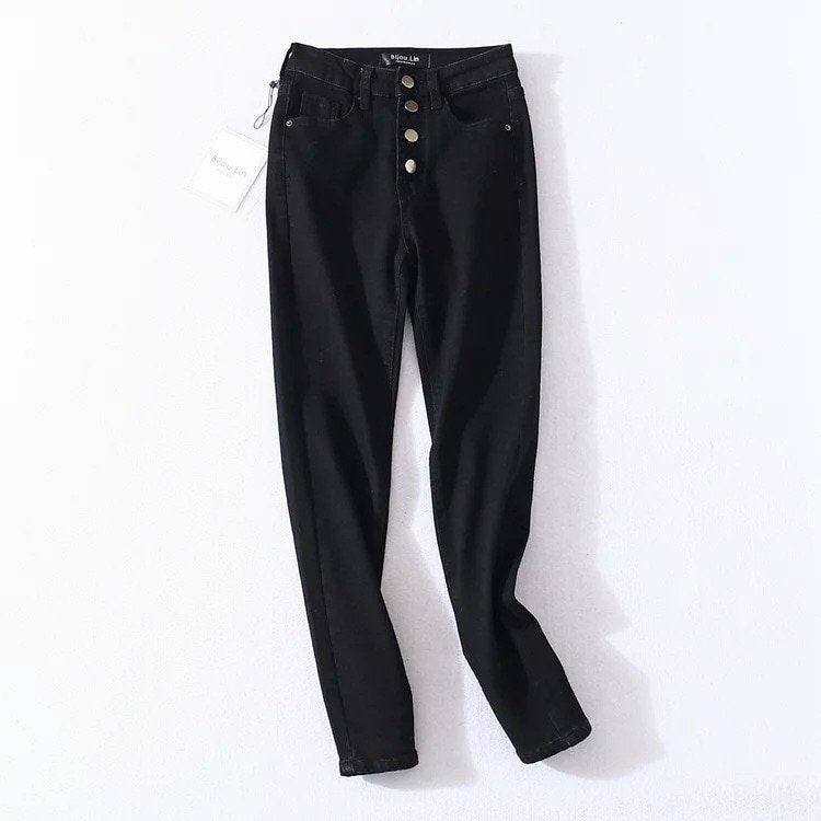 2020 Vintage Skinny Four Buttons High Waist Pencil Jeans Women Slim Fit Stretch Denim Pants Full Length Denim Tight Trousers