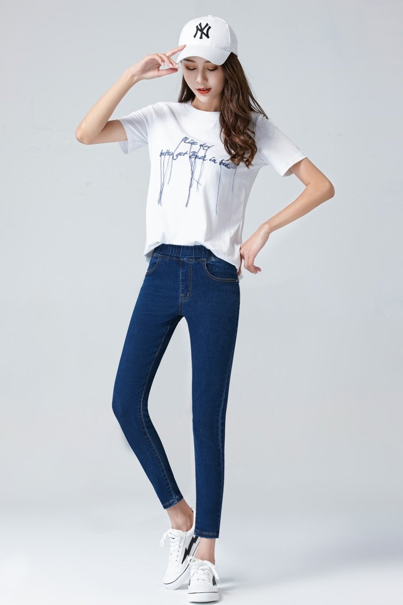 Women's Elastic High Waist Skinny Jeans Plus Size 5XL 6XL Fashion Women Black Blue Pocket Mom Jeans Skinny Stretch Denim Pants