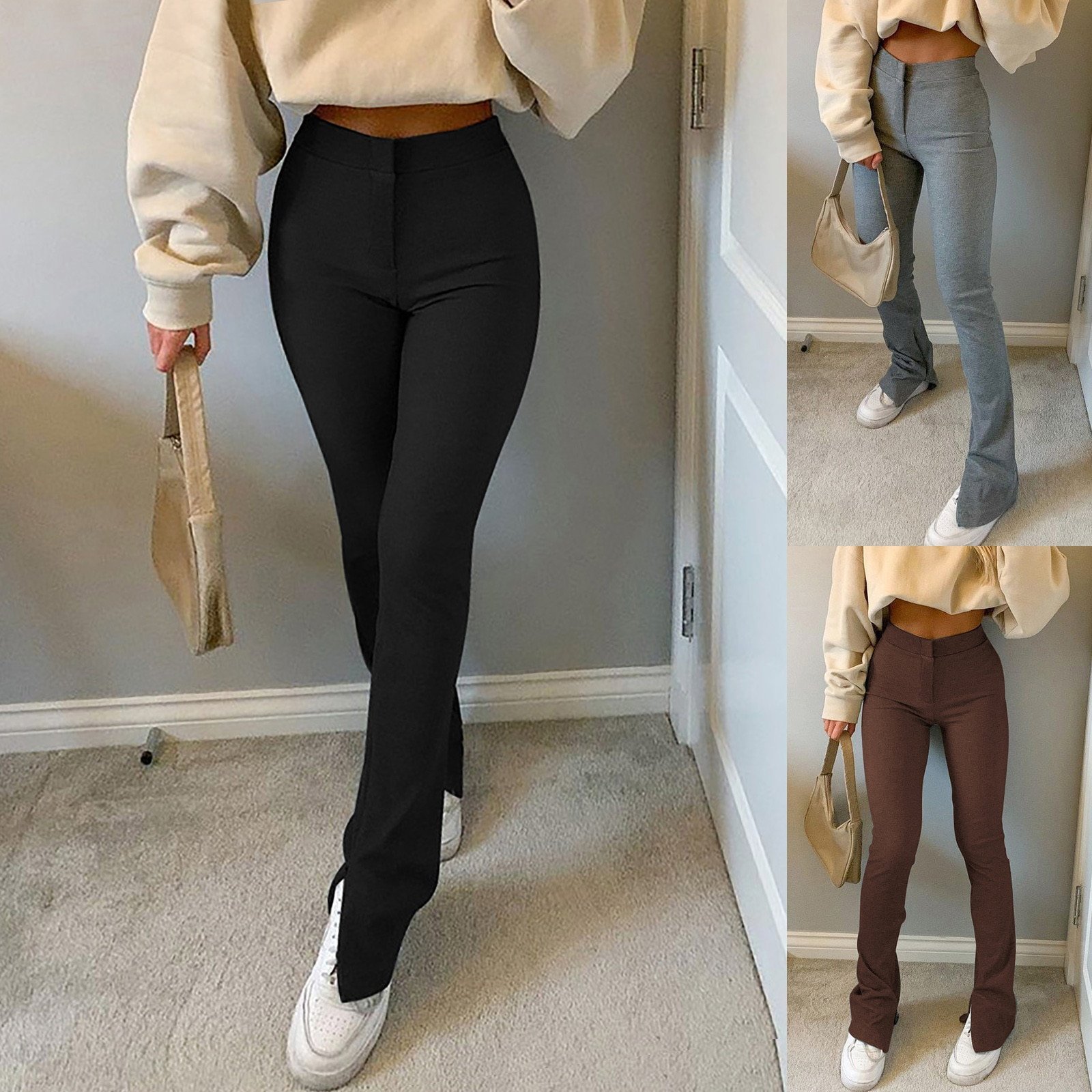 Women Pants 2021 New Fashion And Casual Solid Color Slim-fit Trousers Slit Pockets High-waisted Skinny Sweatpants брюки женские