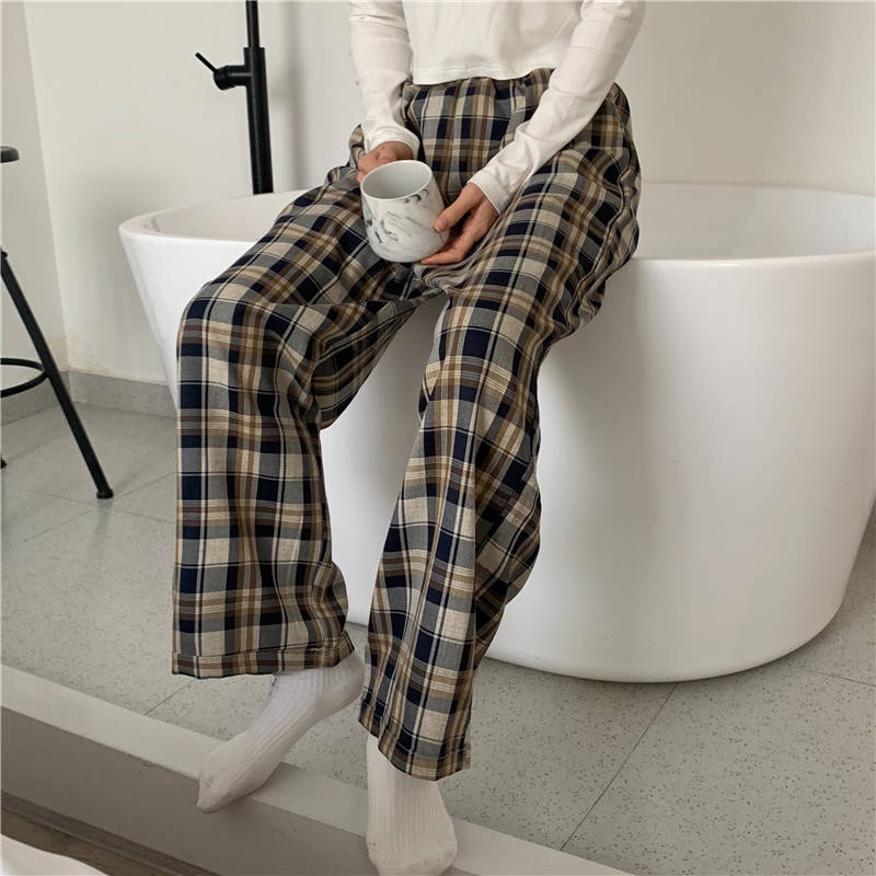 2021 Plaid Pants Women Spring Wide Leg Pants for Women Korean Style High Waist Checkered Pants Oversize Trousers Women Harajuku