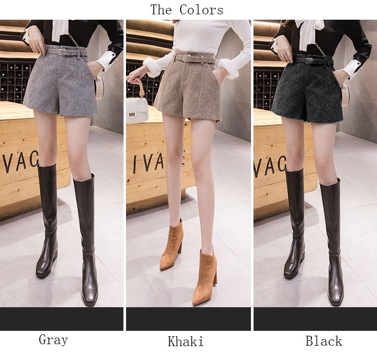 New Autumn Winter High Waist Wide Leg Woolen Shorts Women Khaki Gray Black Outerwear Warm Shorts With Belt A-line Short Femme