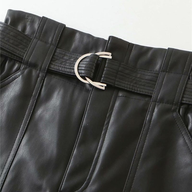 KPYTOMOA Women 2020 Chic Fashion With Belt Faux Leather Shorts Vintage High Waist Zipper Fly Pockets Female Short Pants Mujer