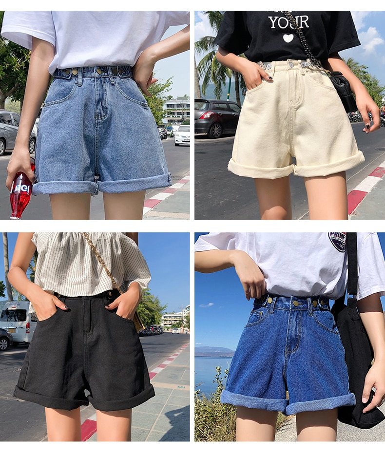 Syiwidii Streetwear womens shorts button denim high waist short harajuku denim fold wide legs blue shorts hot sale 2021 summer