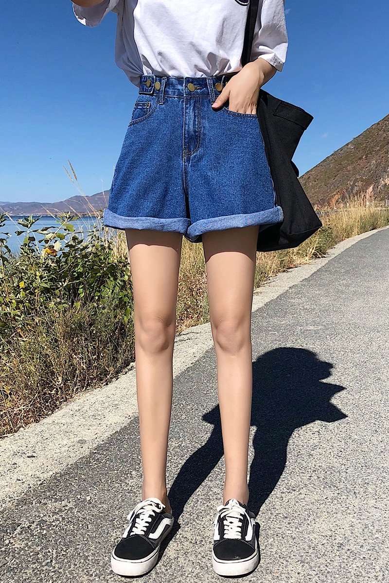 Syiwidii Streetwear womens shorts button denim high waist short harajuku denim fold wide legs blue shorts hot sale 2021 summer