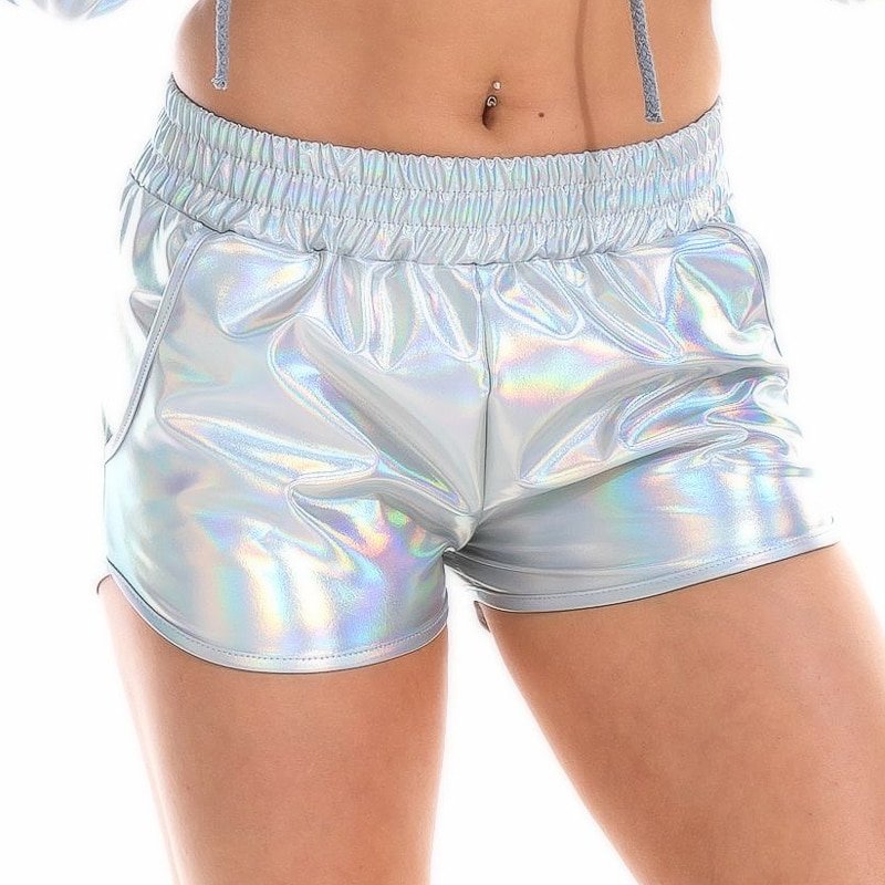 Summer Women Metallic Shorts Elastic Waist Shiny HotPants Rave Dance Booty Shorts with Pockets Sexy Party Club Shorts Bottoms