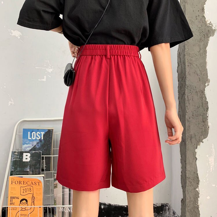 red shorts women loose high waist wide leg Solid harajuku plus size Straight summer korean fashion black shorts elastic waist