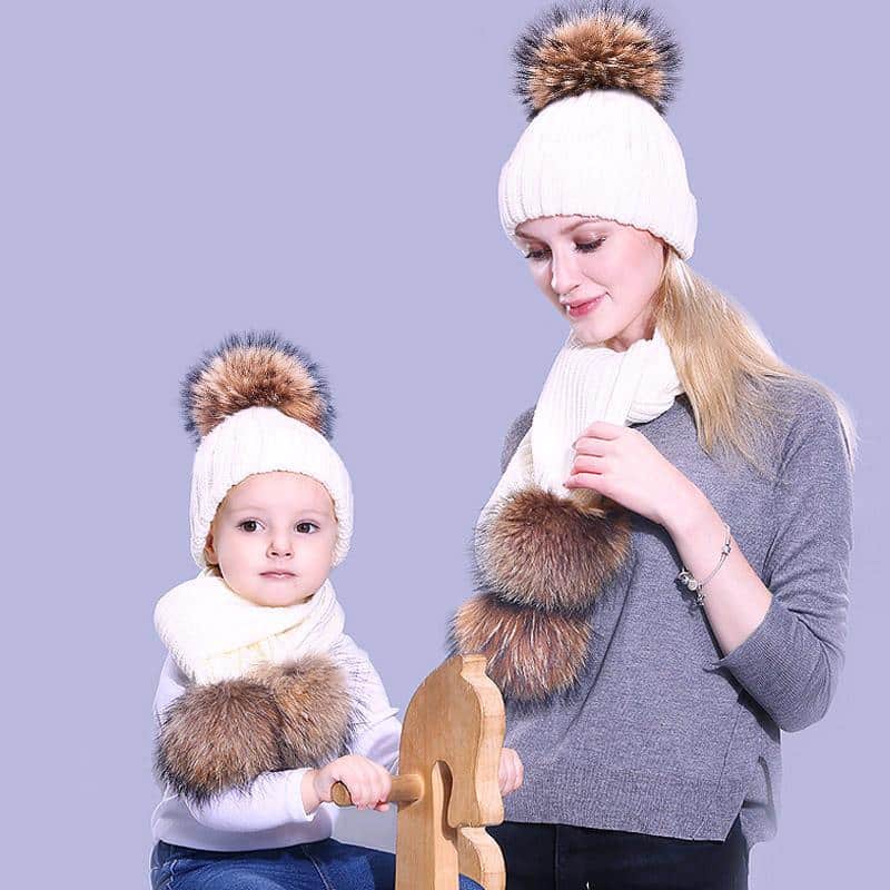 Girl Pompon Hats and Scarves Sets Winter Knitted Warm Nature Fur Pom Pom Hat Scarf Thick Beanies Hats Caps Kids Baby Solid Bones