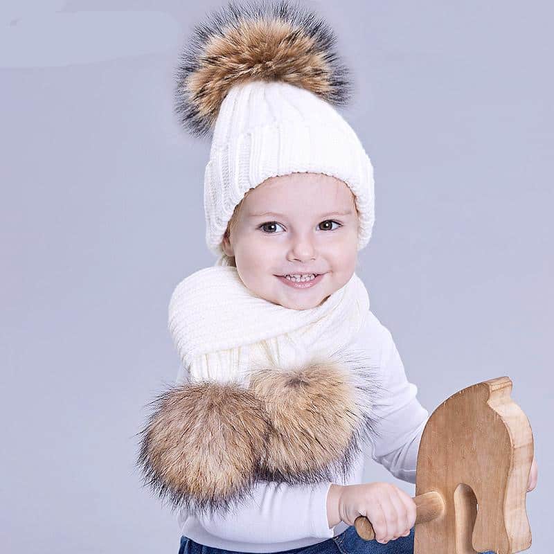 Girl Pompon Hats and Scarves Sets Winter Knitted Warm Nature Fur Pom Pom Hat Scarf Thick Beanies Hats Caps Kids Baby Solid Bones