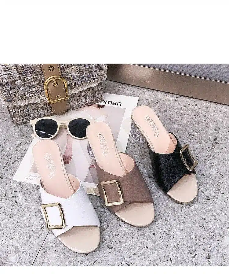 Women Shoes Spring 2021 new metallic buckle wedge heels soft soles comfortable non-slip slippers large shoes